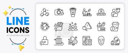 Illustration for Radiator, Human rating and Takeaway coffee line icons set for app include Social media, Squad, Lock outline thin icon. Fast food, Face biometrics, Attention pictogram icon. Vector - Royalty Free Image