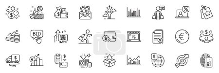 Illustration for Icons pack as Cash transit, Deflation and Euro rate line icons for app include Target, Pos terminal, Growth chart outline thin icon web set. Card, Meeting, Bar diagram pictogram. Vector - Royalty Free Image