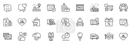 Illustration for Icons pack as For ever, Present and Ice cream line icons for app include Bicycle helmet, Discount offer, Sale outline thin icon web set. Be true, Heart, Love couple pictogram. Message. Vector - Royalty Free Image