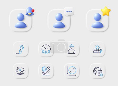 Illustration for Circle area, Project edit and Solar panels line icons. Placeholder with 3d star, reminder bell, chat. Pack of Online voting, Sea mountains, Signature icon. Engineer, Meeting time pictogram. Vector - Royalty Free Image