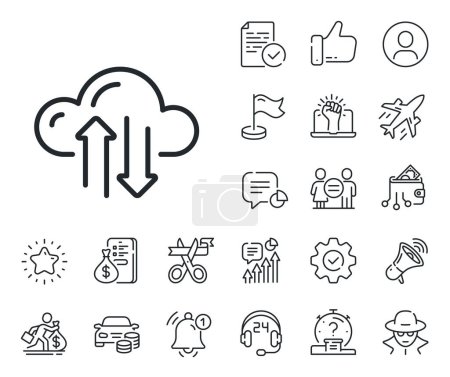 Illustration for Internet data storage sign. Salaryman, gender equality and alert bell outline icons. Cloud computing sync line icon. File hosting technology symbol. Cloud sync line sign. Vector - Royalty Free Image
