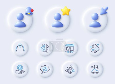 Illustration for Teamwork, Market buyer and Fitness line icons. Placeholder with 3d cursor, bell, star. Pack of Road, Mountain flag, Vitamin h1 icon. Ranking stars, Safe planet pictogram. For web app, printing. Vector - Royalty Free Image