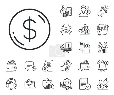 Illustration for Usd currency sign. Cash money, loan and mortgage outline icons. Dollar money line icon. Cash coin symbol. Dollar money line sign. Credit card, crypto wallet icon. Inflation, job salary. Vector - Royalty Free Image