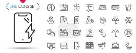 Illustration for Pack of Money tax, Smartphone charging and Notification bubble line icons. Include Like app, Fingerprint, Person idea pictogram icons. Bitcoin pay, Notification cart, Fake document signs. Vector - Royalty Free Image