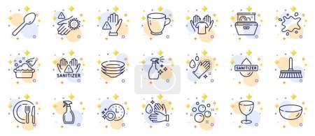 Illustration for Outline set of Dishes, Spoon and Wash hand line icons for web app. Include Washing cleanser, Glass, Cleaning mop pictogram icons. Spray, Clean hands, Tea cup signs. Clean bubbles, Dish. Vector - Royalty Free Image