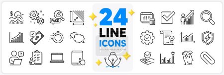 Illustration for Icons set of Efficacy, Account and Execute line icons pack for app with Check investment, Fake news, Approved agreement thin outline icon. Online question, Checklist, Paper clip pictogram. Vector - Royalty Free Image