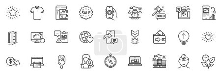 Illustration for Icons pack as Phone message, T-shirt and Web inventory line icons for app include Calendar, Travel loan, Open door outline thin icon web set. Friends world, Travel compass. Vector - Royalty Free Image