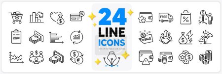 Illustration for Icons set of Diagram chart, Meeting and Free delivery line icons pack for app with Clipboard, Wallet, Electricity price thin outline icon. Wallet money, Decreasing graph, Sale pictogram. Vector - Royalty Free Image