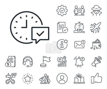 Illustration for Select alarm sign. Salaryman, gender equality and alert bell outline icons. Time line icon. Select alarm line sign. Spy or profile placeholder icon. Online support, strike. Vector - Royalty Free Image
