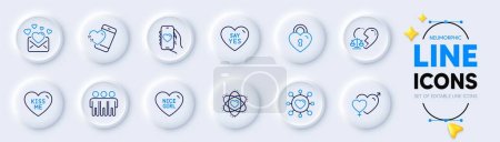 Illustration for Kiss me, Friendship and Heart line icons for web app. Pack of Dating, Divorce lawyer, Male female pictogram icons. Nice girl, Atom, Love mail signs. Dating app, Love lock, Say yes. Vector - Royalty Free Image