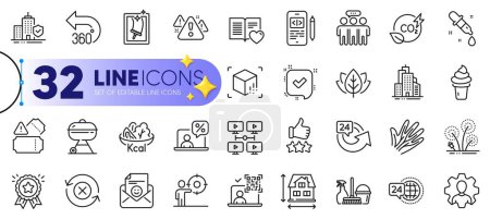 Illustration for Outline set of Warning, Employees group and Love book line icons for web with Organic tested, Skyscraper buildings, Fireworks thin icon. Reject refresh, Tickets, Window cleaning pictogram icon. Vector - Royalty Free Image
