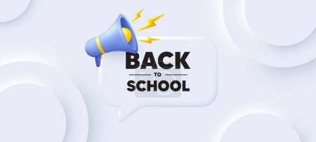 Illustration for Back to school tag. Neumorphic 3d background with speech bubble. Education offer. End of vacation slogan. Back to school speech message. Banner with megaphone. Vector - Royalty Free Image