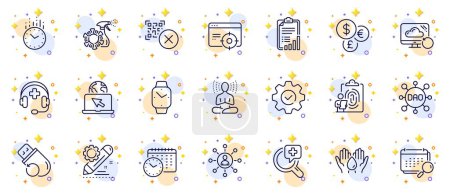 Illustration for Outline set of Recovery cloud, Safe water and Money currency line icons for web app. Include Networking, Flash memory, Calendar time pictogram icons. Checklist, Internet. Circles with 3d stars. Vector - Royalty Free Image
