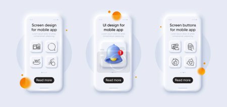 Illustration for Presentation board, Speech bubble and Refresh like line icons pack. 3d phone mockups with bell alert. Glass smartphone screen. Support, Swipe up, Instruction info web icon. Vector - Royalty Free Image