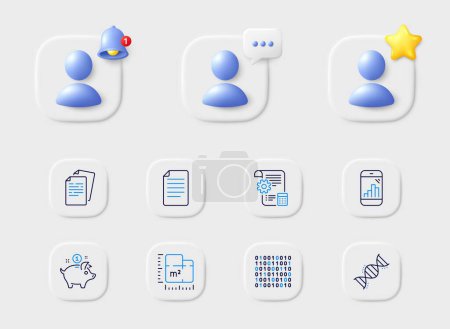 Illustration for Graph phone, File and Documents line icons. Placeholder with 3d star, reminder bell, chat. Pack of Settings blueprint, Chemistry dna, Binary code icon. Floor plan, Saving money pictogram. Vector - Royalty Free Image