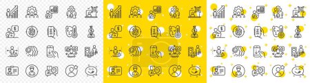 Illustration for Outline Person, Employee result and Team work line icons pack for web with Social media, Scroll down, Social distance line icon. Family insurance, Identification card. Vector - Royalty Free Image