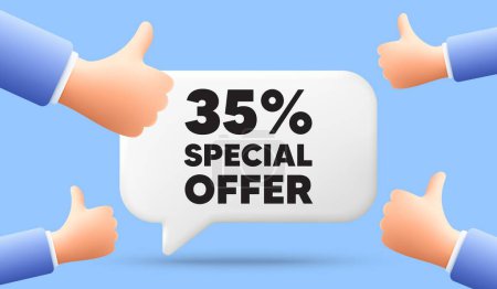 Illustration for 35 percent discount offer tag. 3d speech bubble banner with like hands. Sale price promo sign. Special offer symbol. Discount chat speech message. 3d offer talk box. Vector - Royalty Free Image