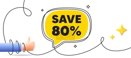 Illustration for Save 80 percent off tag. Continuous line art banner. Sale Discount offer price sign. Special offer symbol. Discount speech bubble background. Wrapped 3d like icon. Vector - Royalty Free Image