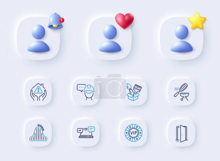 Illustration for Brush, Vip chip and House protection line icons. Placeholder with 3d bell, star, heart. Pack of Roller coaster, Fish grill, Open door icon. Internet chat, Foreman pictogram. Vector - Royalty Free Image