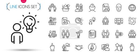 Illustration for Pack of Group, Agent and Thermometer line icons. Include Employees group, Head, Cogwheel pictogram icons. Hand washing, Face biometrics, Three fingers signs. Star, Handshake. Vector - Royalty Free Image