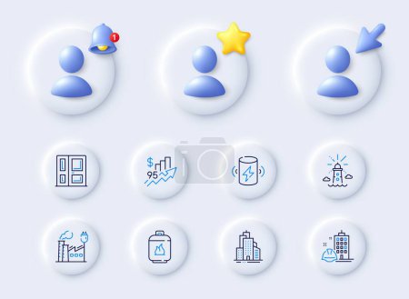 Illustration for Rise price, Lighthouse and Gas cylinder line icons. Placeholder with 3d cursor, bell, star. Pack of Factory, Charge battery, Entrance icon. Vector - Royalty Free Image