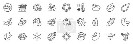 Téléchargez les illustrations : Le pack d'icônes comme les icônes de la météo mondiale, du sommeil et de la ligne d'oreiller pour l'application comprend un panier de légumes, un temps ensoleillé, un contour testé biologique, un jeu d'icônes minces. Bouteille d'eau, jus, pictogramme de graines de citrouille. Vecteur - en licence libre de droit