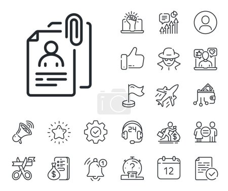 Illustration for CV file attachment sign. Salaryman, gender equality and alert bell outline icons. Interview documents line icon. Office hr symbol. Interview documents line sign. Vector - Royalty Free Image