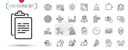 Illustration for Pack of Transmitter, Fire energy and 5g internet line icons. Include Medical mask, Cable section, Face biometrics pictogram icons. Brain working, Clipboard, Education signs. Vector - Royalty Free Image