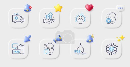 Illustration for Ambulance car, Coronavirus and Fake document line icons. Buttons with 3d bell, chat speech, cursor. Pack of Analysis graph, Face attention, Chemistry experiment icon. Vector - Royalty Free Image