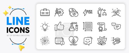 Illustration for Food delivery, Fireworks explosion and Chemistry lab line icons set for app include Cogwheel dividers, Local grown, Vr outline thin icon. Square area, Algorithm, Like pictogram icon. Vector - Royalty Free Image
