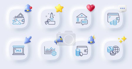 Illustration for Innovation, Sale and Payment method line icons. Buttons with 3d bell, chat speech, cursor. Pack of Launder money, Bid offer, Operational excellence icon. World money, Wallet pictogram. Vector - Royalty Free Image