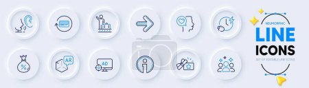 Illustration for Augmented reality, Refund commission and Loan line icons for web app. Pack of Seo adblock, Loyalty gift, Info pictogram icons. Squad, Next, Luggage belt signs. Whisper, Charging time. Vector - Royalty Free Image