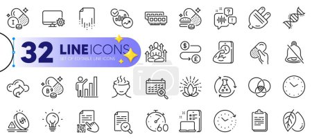 Illustration for Outline set of Ram, Timer and Iodine mineral line icons for web with Graph chart, Mute, Statistics thin icon. Monitor settings, Qr code, Cloud share pictogram icon. Lotus, Time change. Vector - Royalty Free Image