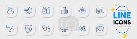 Illustration for Security agency, Manual and Quick tips line icons for web app. Pack of Buildings, Users chat, 360 degrees pictogram icons. Charging cable, Sunscreen, Shield signs. Salad, Cyber attack. Vector - Royalty Free Image