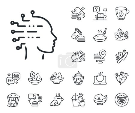 Illustration for Ai head sign. Crepe, sweet popcorn and salad outline icons. Artificial intelligence line icon. Robotic intellect symbol. Artificial intelligence line sign. Pasta spaghetti, fresh juice icon. Vector - Royalty Free Image