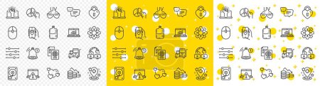 Illustration for Outline Money loss, Video conference and Execute line icons pack for web with Heart, Text message, Passport document line icon. Cooler bottle, Pie chart, Location app pictogram icon. Vector - Royalty Free Image