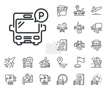 Illustration for Auto park sign. Plane, supply chain and place location outline icons. Bus parking line icon. Transport place symbol. Bus parking line sign. Taxi transport, rent a bike icon. Travel map. Vector - Royalty Free Image
