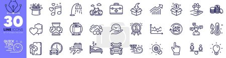 Illustration for Cursor, Cashback and Safe time line icons pack. Demand curve, Love music, Select flight web icon. Equity, Post package, Moving service pictogram. Diagram chart, Thermometer. Vector - Royalty Free Image