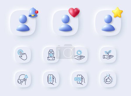 Illustration for Like hand, Sun protection and Cursor line icons. Placeholder with 3d bell, star, heart. Pack of Nurse, Online voting, Medical mask icon. Helping hand, Info app pictogram. For web app, printing. Vector - Royalty Free Image