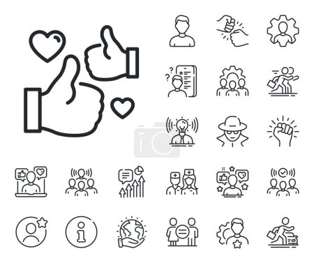 Illustration for Thumbs up with heart sign. Specialist, doctor and job competition outline icons. Like line icon. Positive feedback, social media symbol. Like line sign. Avatar placeholder, spy headshot icon. Vector - Royalty Free Image
