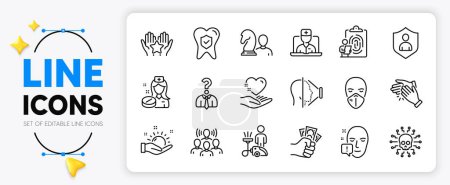 Illustration for Chess, Ranking and Sunny weather line icons set for app include Nurse, Cyber attack, Hold heart outline thin icon. Hiring employees, Clapping hands, Fingerprint pictogram icon. Vector - Royalty Free Image