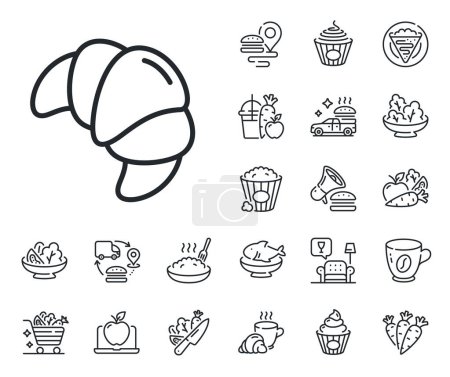 Illustration for Bakery food sign. Crepe, sweet popcorn and salad outline icons. Croissant line icon. Pastry bun symbol. Croissant line sign. Pasta spaghetti, fresh juice icon. Supply chain. Vector - Royalty Free Image