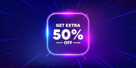 Illustration for Get Extra 50 percent off Sale. Neon light frame box banner. Discount offer price sign. Special offer symbol. Save 50 percentages. Extra discount neon light frame message. Vector - Royalty Free Image