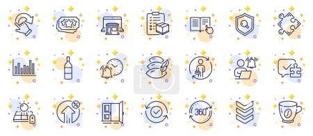 Illustration for Outline set of Pillow, Shoulder strap and Replacement line icons for web app. Include Wine bottle, Rotation gesture, Puzzle pictogram icons. Full rotation, Marketplace, Loan percent signs. Vector - Royalty Free Image
