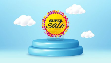 Illustration for Super sale banner. Winner podium 3d base. Product offer pedestal. Discount sticker shape. Coupon bubble icon. Super sale promotion message. Background with 3d clouds. Vector - Royalty Free Image