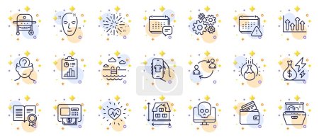 Illustration for Outline set of Psychology, Notification and Heartbeat line icons for web app. Include Report, Gas grill, Dishwasher pictogram icons. Upper arrows, Shop app, Electricity price signs. Vector - Royalty Free Image
