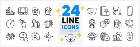 Illustration for Icons set of Lock, Support and Augmented reality line icons pack for app with 5g internet, Scroll down, Timer thin outline icon. Favorite app, Smile chat, Time management pictogram. Vector - Royalty Free Image
