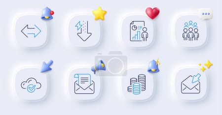 Illustration for Mail newsletter, Energy drops and Cloud computing line icons. Buttons with 3d bell, chat speech, cursor. Pack of Sync, Business report, Open mail icon. Coins, Group people pictogram. Vector - Royalty Free Image