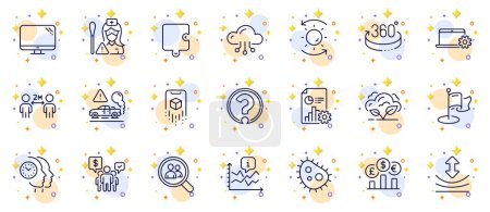 Illustration for Outline set of Cloud computing, Puzzle and Exhaust line icons for web app. Include Bacteria, Milestone, Report pictogram icons. Nurse, Teamwork, Time management signs. Co2 gas. Vector - Royalty Free Image