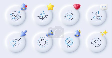 Illustration for Love, Sunny weather and Eco power line icons. Buttons with 3d bell, chat speech, cursor. Pack of Cobalt mineral, Filling station, Recovery data icon. Male female, Reject medal pictogram. Vector - Royalty Free Image